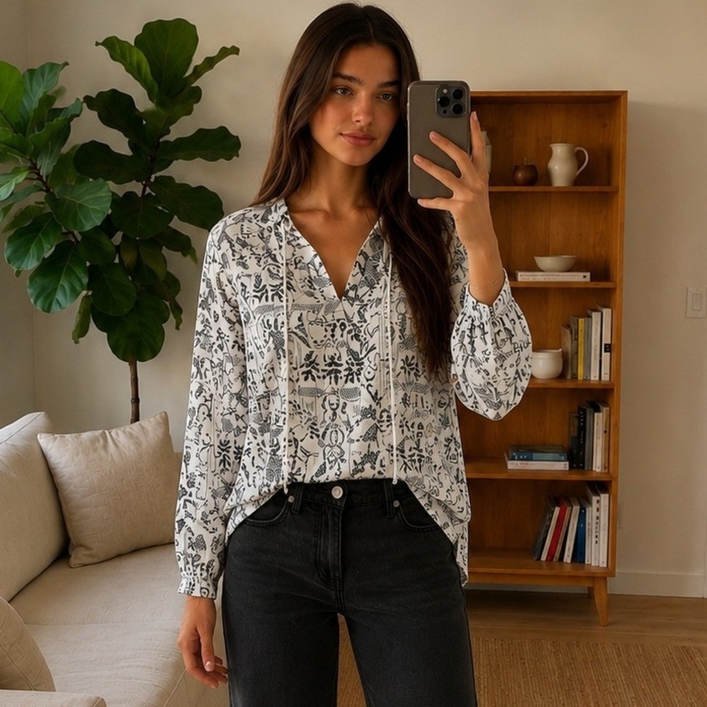 Free People Mia Tunic Top Small White Black Long Sleeve Aztec Boho Peasant Flowy